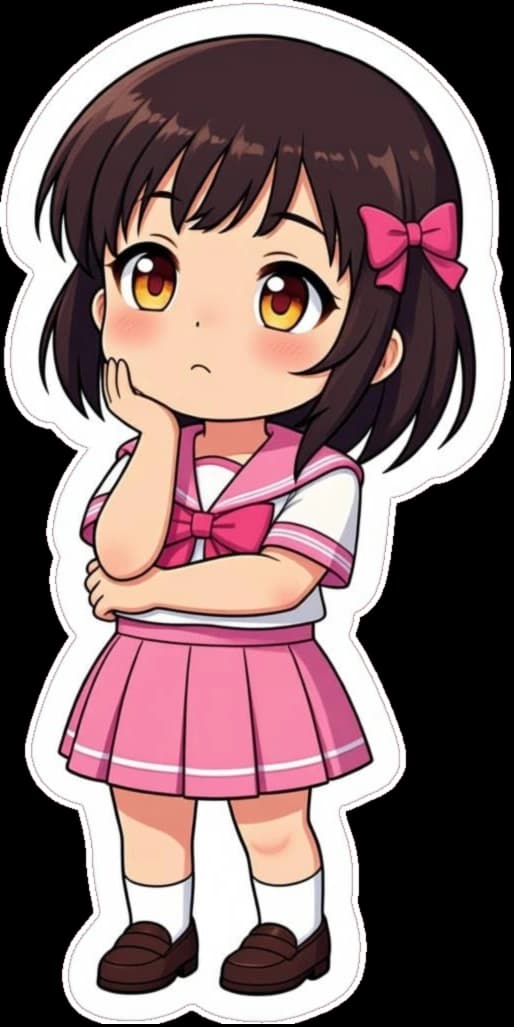Hana mascot thinking with a finger on her cheek